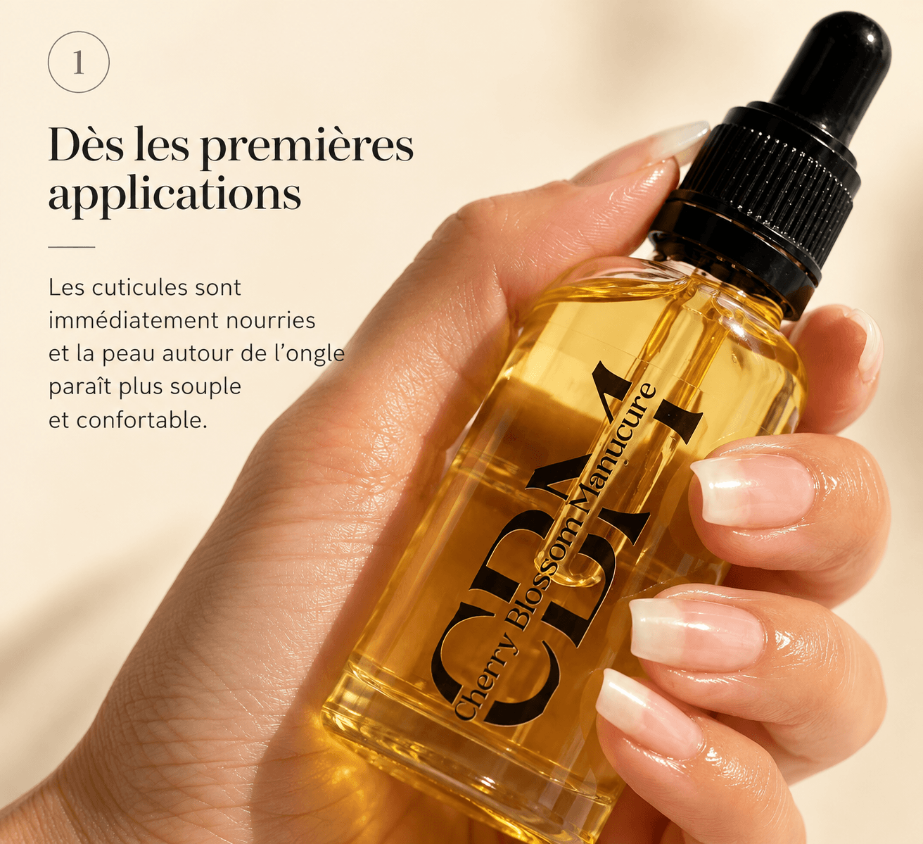 Main tenant le Sérum fortifiant CBM pour ongles et cuticules
